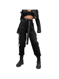 JEAAMKSSER Womens High Waisted Black Cargo Pants with Pockets Baggy Solid Y2k Streetwear Pants