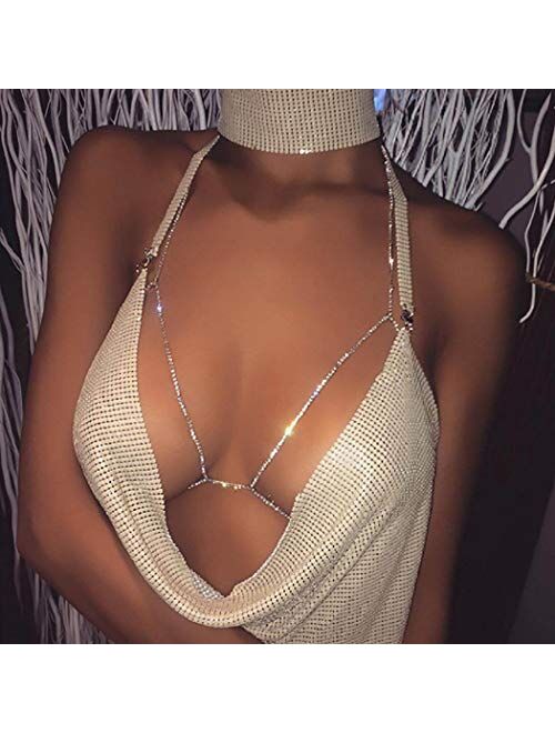 Woeoe Sparkly Crystal Body Chain Silver Rhinestone Bling Bra Chain Sexy Bikini Nightclub Body Chain Accessories for Women and Girls