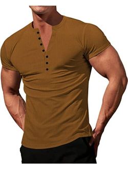LOGEEYAR Mens Knit Stretch Henley Shirt Workout Slim Fit Short Sleeve Tees Athletic Muscle Casual T-Shirt