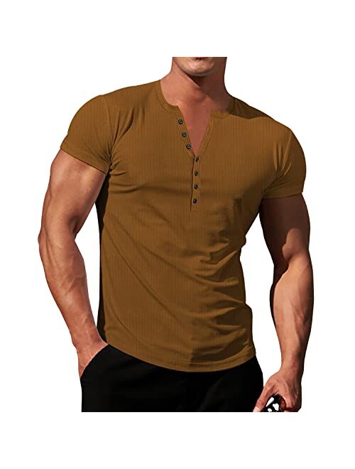 LOGEEYAR Mens Knit Stretch Henley Shirt Workout Slim Fit Short Sleeve Tees Athletic Muscle Casual T-Shirt