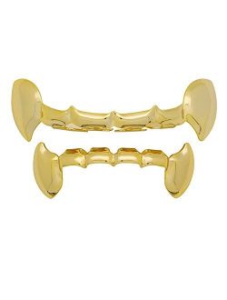 The Bling Factory 24k Gold Plated Vampire Fang Removable Top & Bottom Teeth Grillz Set + Polishing Cloth