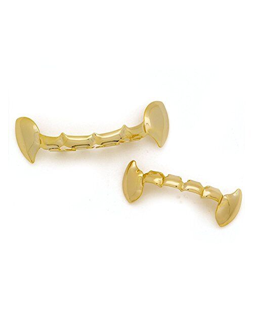 The Bling Factory 24k Gold Plated Vampire Fang Removable Top & Bottom Teeth Grillz Set + Polishing Cloth