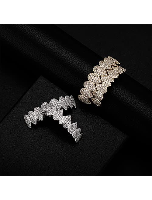 Fantex Iced Out Bling Lab Diamond Punk Charm Teeth Grills, Gold Plated Top and Bottom Hip Hop Teeth Wear Jewelry Set for Men Women