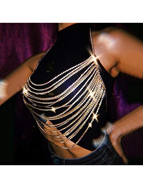 Campsis Boho Rhinestone Tops Body Chains Gold Sexy Chest Chain Tassel Chain Bra Bikini Nightclub Beach Rave Jewelry Accessories for Women and Girls