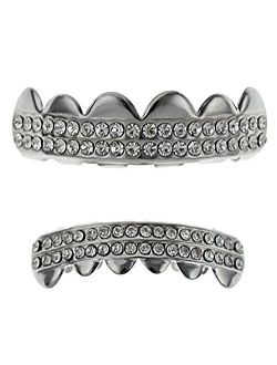 Best Grillz ICY Bling Grillz Set Top & Bottom Teeth 2 Two Row Silver Tone Upper & Lower Hip Hop Grills