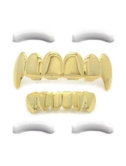 L & L Nation Gold Tone Hip Hop Top Fangs & Bottom Grillz Set with 2 Xtra Silicones