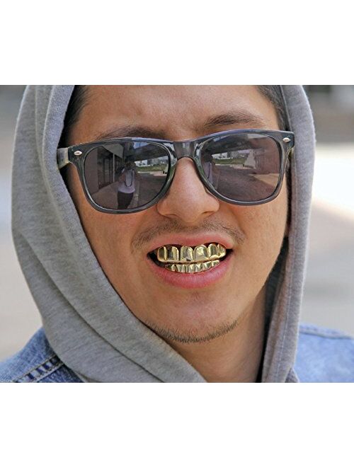 L & L Nation Gold Tone Hip Hop Top Fangs & Bottom Grillz Set with 2 Xtra Silicones