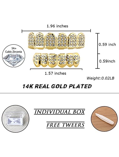 TOPGRILLZ 18K Plated Gold Grills Teeth Grillz for Men Women Iced Out Hip Hop Poker Diamond Top & Bottom Face Grills for Teeth Rapper Costume Cosplay