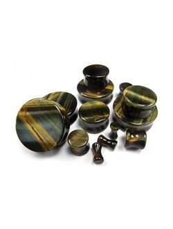 1 Pair of 6 Gauge (6G - 4mm) Blue Tiger Eye Stone Plugs - Double Flare