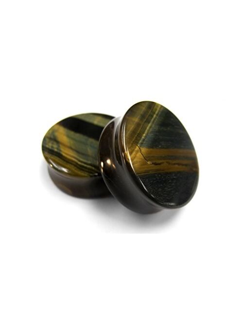 Urban Body Jewelry 1 Pair of 6 Gauge (6G - 4mm) Blue Tiger Eye Stone Plugs - Double Flare