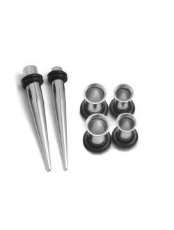 6 Piece Steel Taper and Plugs Ear Stretching Kit - Pairs of Plugs with Single Tapers - Gauge Sizes 1G (7mm), 0G (8mm)