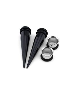 9mm Ear Stretching Kit - 2 Black Acrylic Tapers & 2 Steel Tunnels (4 Pieces)