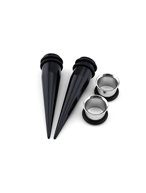Urban Body Jewelry 9mm Ear Stretching Kit - 2 Black Acrylic Tapers & 2 Steel Tunnels (4 Pieces)