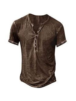 Beotyshow Mens Distressed Henley Shirts Retro Short/Long Sleeve Tee Shirts Casual Button Down Washed T-Shirts for Men
