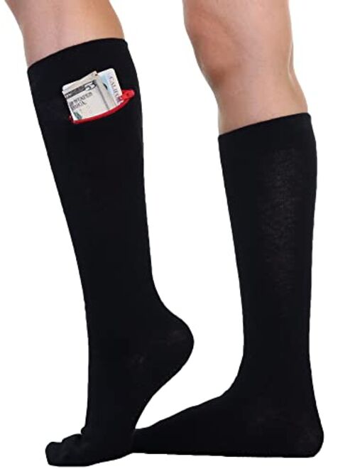 Pocket Socks Unisex with Zip Security Pocket for ID, Key or Cash Money, One Size Fits Most - 2 Pack Bundle Black and Black/Grey (S/M) (9-11)
