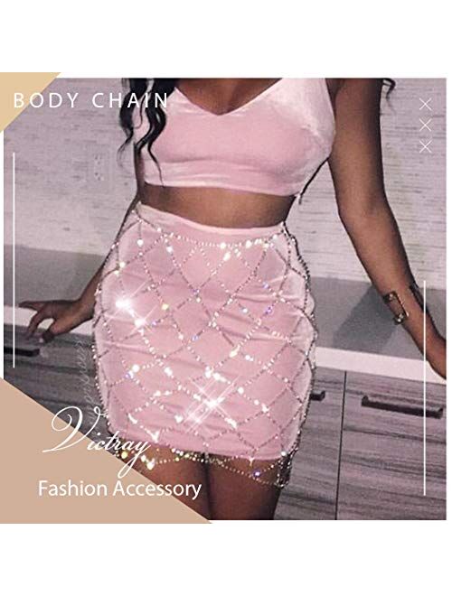 Victray Crystal Body Chain Skirt Rhinestone Waist Chains Nightclub Party Body Jewelry for Women and Girls (Gold)
