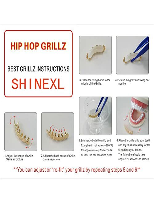 Shinexl 18K Plated Gold 8 Top Teeth 8 Bottom Teeth Grillz for Men and Women Gold Finish Mouth Grills 2 Extra Molding Bars
