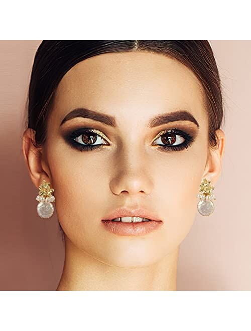 ELEXIS 18k Gold Baroque White Big Pearl Drop Earrings For Women Handmade Trendy Comfy Real Freshwater Pearls Aesthetic Life Tree Dangle Earrings Hypoallergenic Engaged We