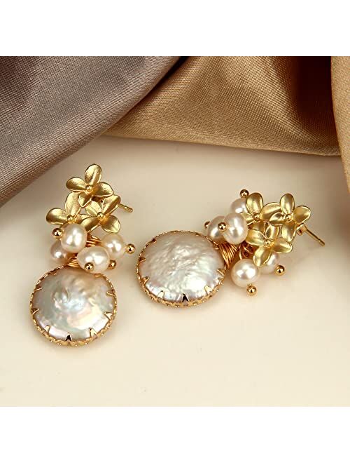 ELEXIS 18k Gold Baroque White Big Pearl Drop Earrings For Women Handmade Trendy Comfy Real Freshwater Pearls Aesthetic Life Tree Dangle Earrings Hypoallergenic Engaged We