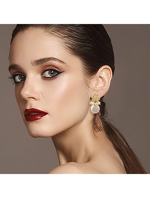 ELEXIS 18k Gold Baroque White Big Pearl Drop Earrings For Women Handmade Trendy Comfy Real Freshwater Pearls Aesthetic Life Tree Dangle Earrings Hypoallergenic Engaged We