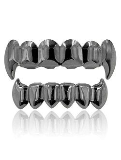 JINAO 18K Gold Silver Plated Hip Hop Vampire Fangs Top Bottom Teeth Grillz Set for Men and Women