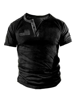 Beotyshow Mens Casual Button Short Sleeve Henley T-Shirts Patriotic Tactical Military Army Shirts for Men