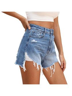 OFLUCK High-Waisted Hot Jeans Shorts for Women, Frayed Raw Hem Ripped Summer Stretch Denim Shorts