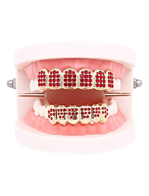 Oocc 18K Gold Plated Iced Out CZ with Red Blue Pink Diamond Top and Bottom Grills for Your Teeth Men Women Hip Hop Jewelry