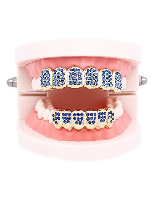 Oocc 18K Gold Plated Iced Out CZ with Red Blue Pink Diamond Top and Bottom Grills for Your Teeth Men Women Hip Hop Jewelry