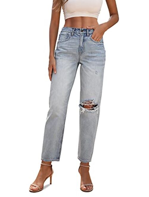 Buy OFLUCK Women High-Waisted Straight Cropped Ripped Jeans，Boyfriend ...