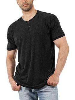 Aoysky Men Short Sleeve T-Shirt Casual Solid Color Button-up Henley Shirt V Neck Tee Tops