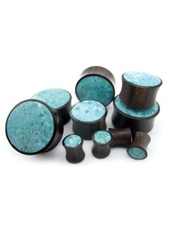 Pair of 1 Inch (25mm) Gauge Wood Plugs with Turquoise Stone Inlay - Double Flare (WD067)
