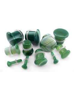 1 Pair of 1/2" Gauge (12mm) Green Line Agate Stone Plugs - Single Flare