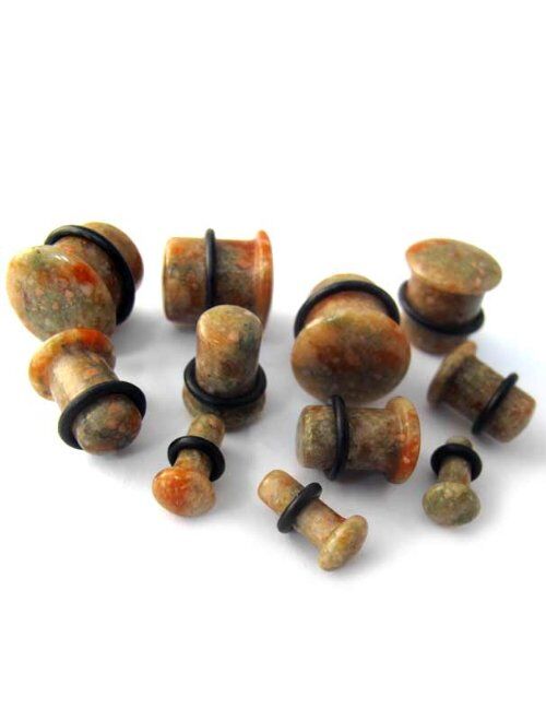 Urban Body Jewelry (6 Gauge ~ 4mm) 1 Pair of Organic Unakite Stone Plugs (Single Flare) (STN063)