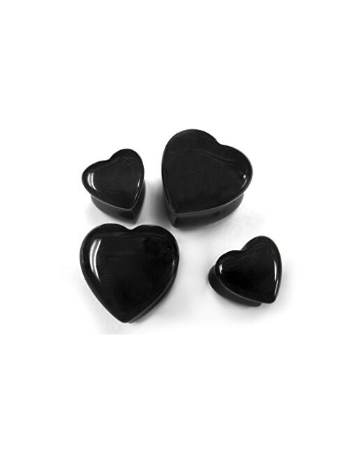 Urban Body Jewelry 1 Pair of 00 Gauge (00G - 10mm) Black Heart Shaped Stone Plugs - Double Flared