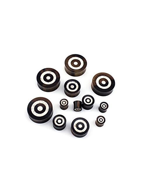 Urban Body Jewelry Pair of 1 & 1/4" Inch (32mm) Areng Wood Plugs with White Target Stone Inlay
