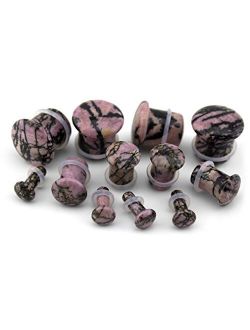 1 Pair of 00 Gauge (00G - 10mm) Single Flare Rhodonite Stone Plugs