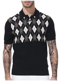 Mens Short Sleeve Argyle Knitted Polo Shirts Vintage Golf T Shirt for Summer