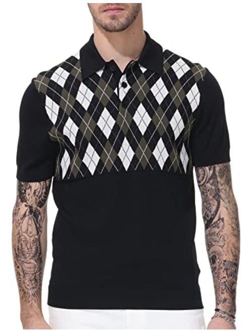 PJ PAUL JONES Mens Short Sleeve Argyle Knitted Polo Shirts Vintage Golf T Shirt for Summer
