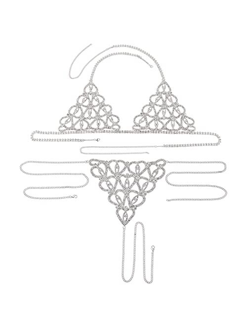 Dresbe Rhinestones Body Chain Suit Silver Heart Underwear Bikini Bra Chain Party Belly Waist Chains Boho Body Jewelry Accessories for Women and Girls (Heart 1)