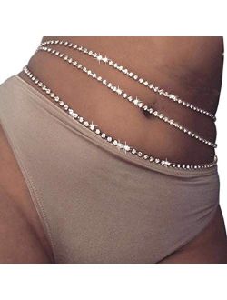 Reetan Boho Crystal Waist Chain Silver Belly Chain Body Chain Rave Body Jewelry Party Nightclub Body Accessories for Women and Girls