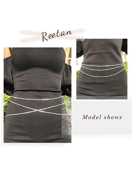 Reetan Boho Crystal Waist Chain Silver Belly Chain Body Chain Rave Body Jewelry Party Nightclub Body Accessories for Women and Girls