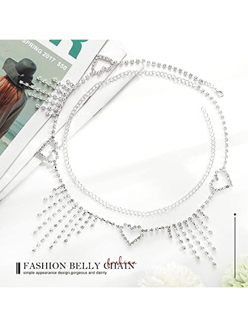 Gemily Silver Waist Chain Gitter Crystal Belly Body Chains Tassel Heart Party Waist Jewelry Accessory for Women and Girls