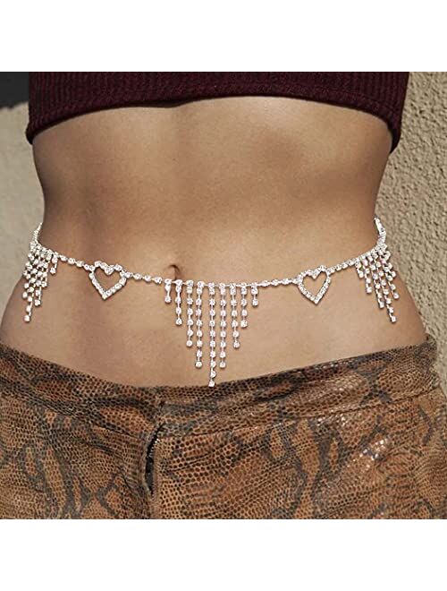 Gemily Silver Waist Chain Gitter Crystal Belly Body Chains Tassel Heart Party Waist Jewelry Accessory for Women and Girls
