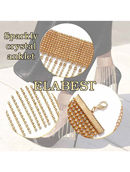 ELABEST Rhinestone Ankle Bracelets Crystal Tassel Anklet 2pcs Glitter Tennis Foot Chain Wedding Jewelry Accessories For Women and Girls