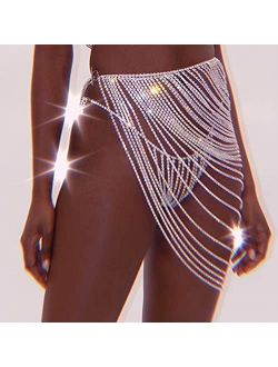 Reetan Crystal Body Chain Silver Layered Waist Chains Rhinestone Fashion Waist Chain Skirt Party Body Jewelry Accessories for Women and Girls