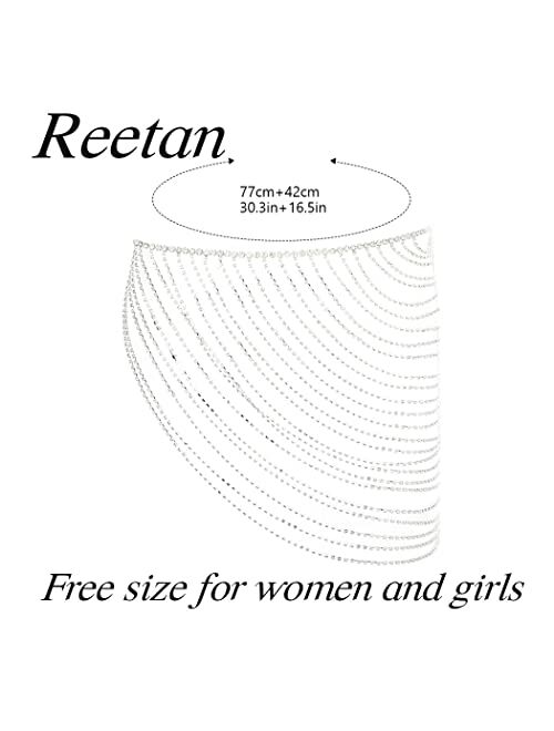 Reetan Crystal Body Chain Silver Layered Waist Chains Rhinestone Fashion Waist Chain Skirt Party Body Jewelry Accessories for Women and Girls