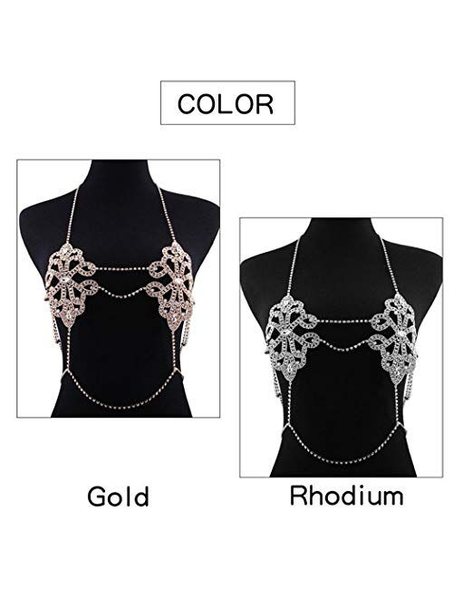 Nicute Rhinestone Body Chain Crystal Bra Bikini Chains Summer Beach Body Jewelry for Women and Girls (Gold)