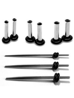 9 Piece (14G, 12G, 10G) Stainlessl Steel Ear Stretching Kit - Pairs of Plugs with Single Tapers