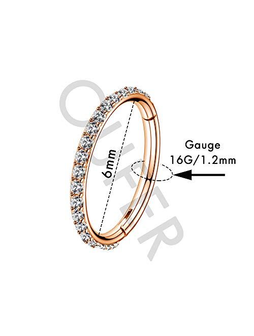 OUFER Rose Gold Tragus Earring Hoop 16G Stainless Steel Cartilage Earrings Clear CZ Paved Tragus Helix Earrings Cartilage Earring Septum Nose Ring Hoop